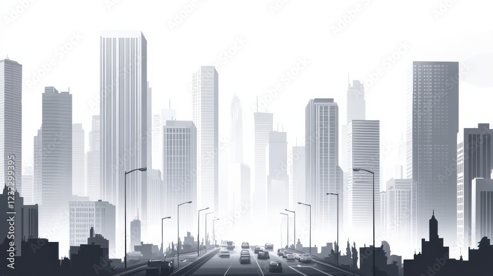 Fototapeta premium Urban Landscape with Skyscrapers and Fog in Monochrome Style