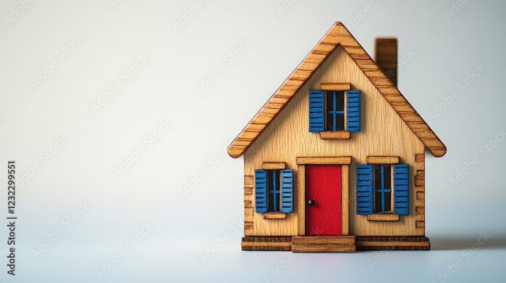 Handcrafted wooden toy house with blue shutters and red door on white background Handcrafted wooden toy house with blue shutters and red door on white background