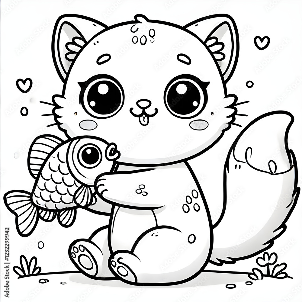 Cute cat holding a fish cartoon coloring page for kids Cute cat holding a fish cartoon coloring page for kids