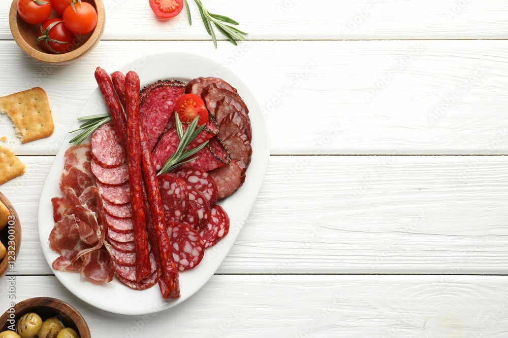 Different smoked sausages slices served on white wooden table, flat lay. Space for text Different smoked sausages slices served on white wooden table, flat lay. Space for text