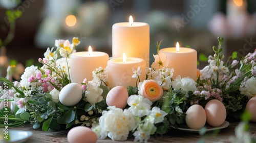 Candles, Easter eggs, and flowers create a vibrant Easter scene filled with warmth and joy. They are decorated in a festive style, adding to the atmosphere of a spring celebration and renewal