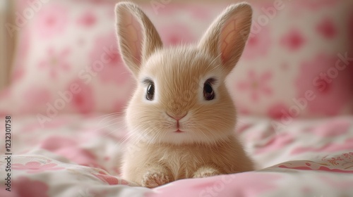 Cute bunny on pink bedding, floral background photo