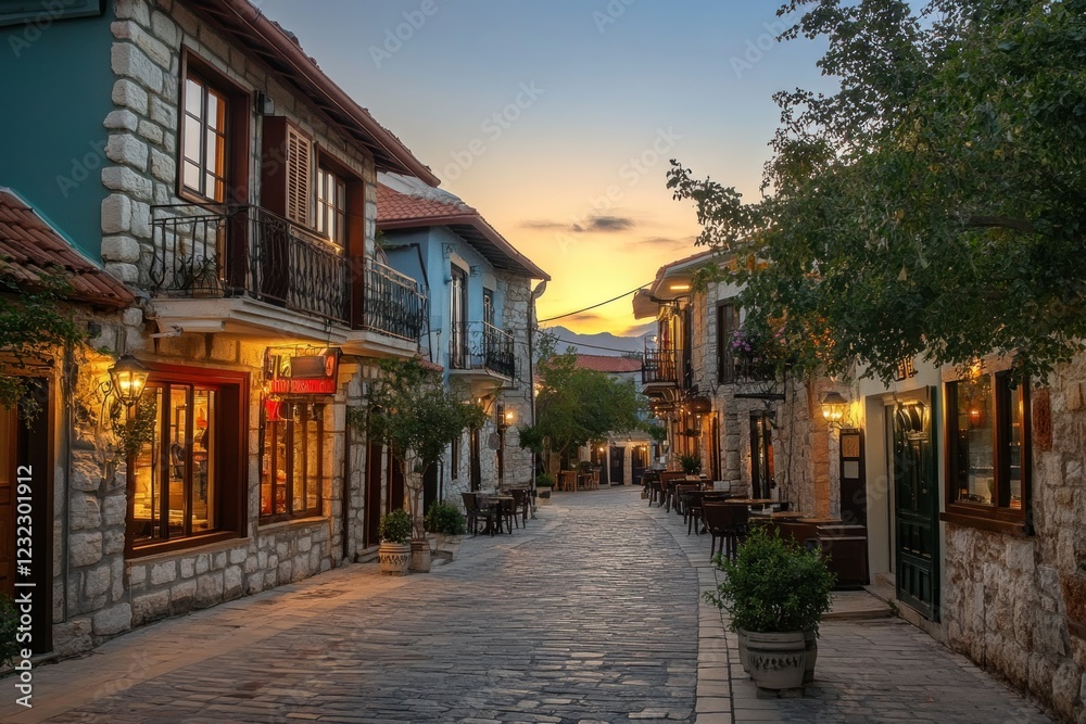 Sunset view of a charming cobblestone street in a historic town, with traditional stone buildings and outdoor cafes. Sunset view of a charming cobblestone street in a historic town, with traditional stone buildings and outdoor cafes.