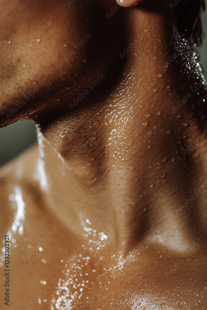 Fototapeta premium Handsome man in shower, wet neck and shoulder skin texture close up detail. Lifestyle and skincare concept.