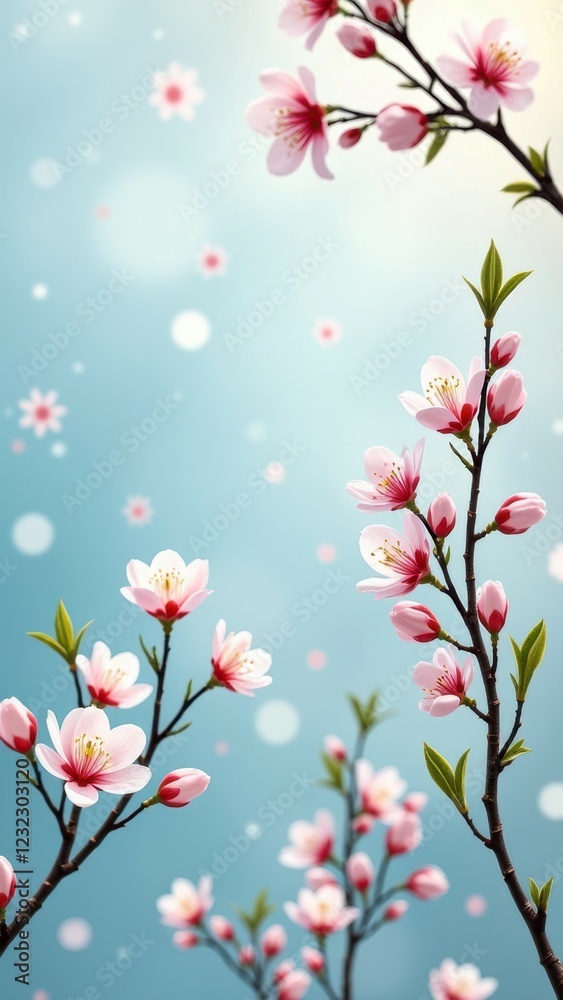 Cherry blossoms in full bloom against a soft blue sky Cherry blossoms in full bloom against a soft blue sky