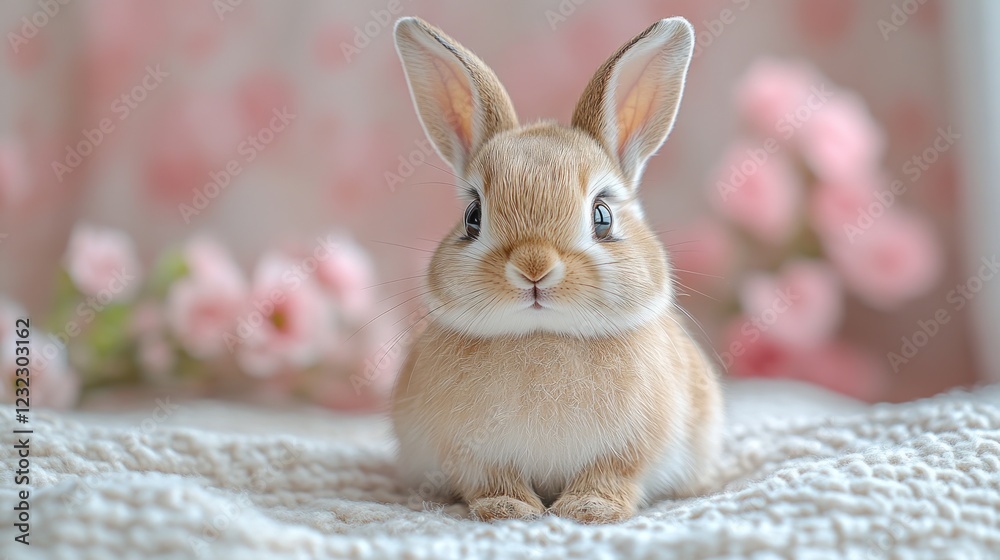 Obraz premium Cute bunny posing, spring flowers, soft blanket