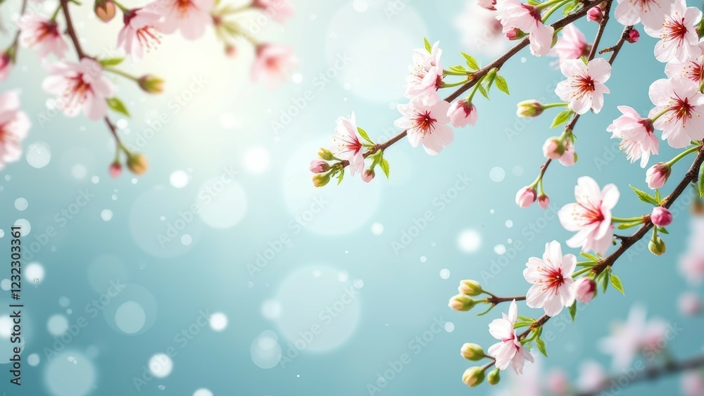 Serene cherry blossom branches against a soft blue bokeh background Serene cherry blossom branches against a soft blue bokeh background