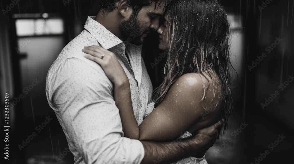 Capturing a kiss in the rain under a gray sky during a romantic embrace