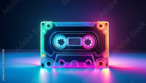 Neon cassette. Nostalgia of the 90s. Audio cassette for listening to music. classic