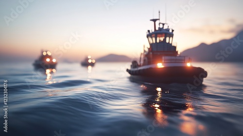 A group of boats with lights on them in the ocean at night, engaged in a search and rescue operation