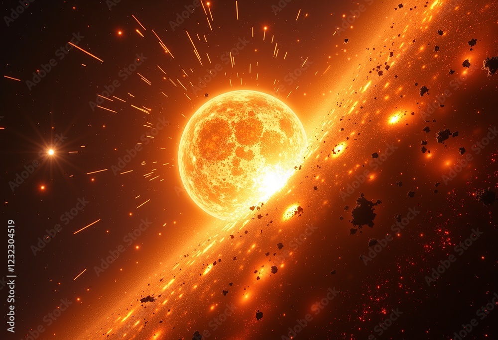 Fototapeta premium Supernova Aftermath: Textured Background, Shockwaves, Cosmic Debris, Star's Final Stage, Space Phenomenon, Celestial Explosion, End of Star, Astrophysical Scene, Explosive Event, Space Art. 