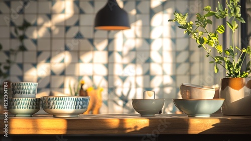 Modern kitchen table with ceramic plates and natural decor photo