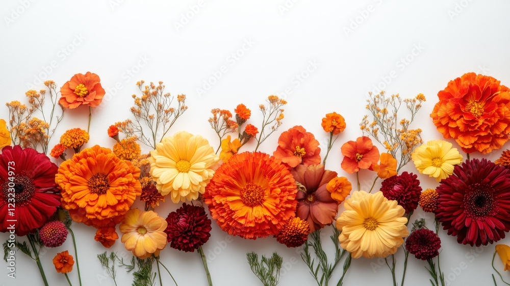 Obraz premium Bright bouquet of orange marigolds, red carnations, and yellow daisies