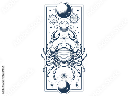 vertical alignment of Line art Cancer Zodiac Sign With celestial cosmic elements. Silhouette Sketch.