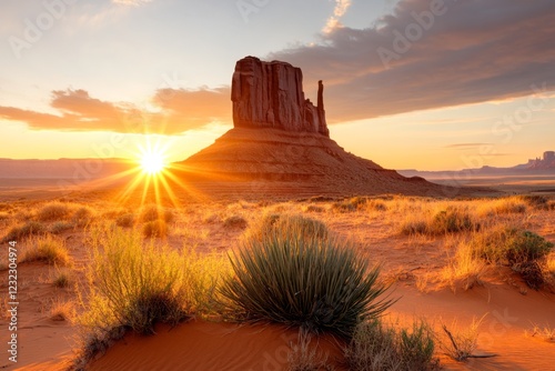 A towering sand dune standing prominently in a vast desert landscape, its curves highlighted by the setting sun photo