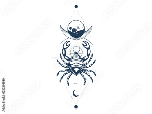 vertical alignment of Line art Cancer Zodiac Sign With celestial cosmic elements. Silhouette Sketch.