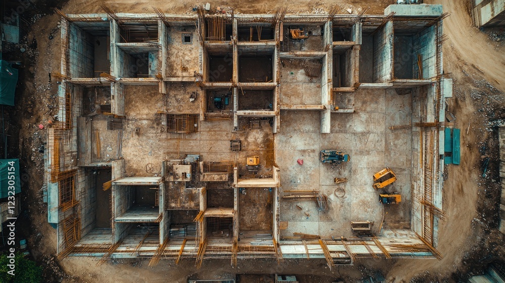 Aerial view Building under construction, site, progress, machinery, earthworks, urban development, progress, foundation, framework Aerial view Building under construction, site, progress, machinery, earthworks, urban development, progress, foundation, framework