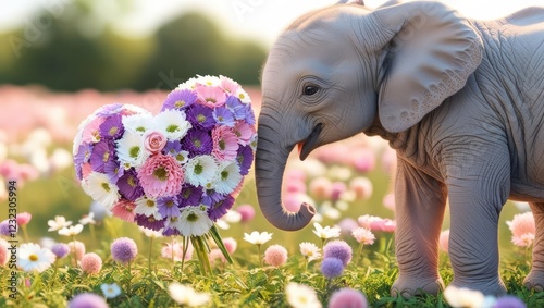 Baby Elephant Surrounded by Colorful Heart-Shaped Flower Arrangement