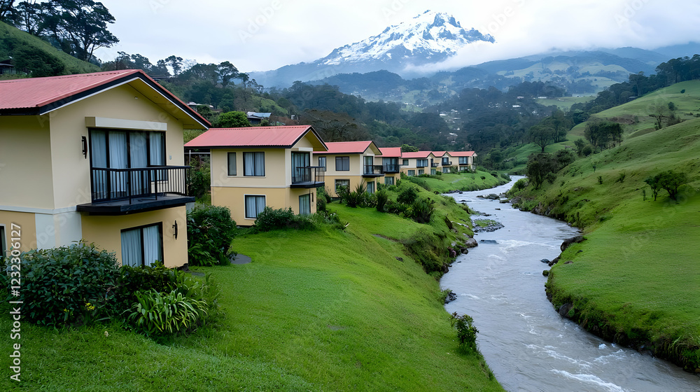 Mountain view villas, river, lush landscape, travel brochure Mountain view villas, river, lush landscape, travel brochure