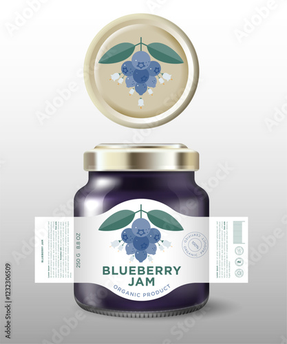 Blueberry Jam label and packaging. Glass jar mockup with golden lid and label.