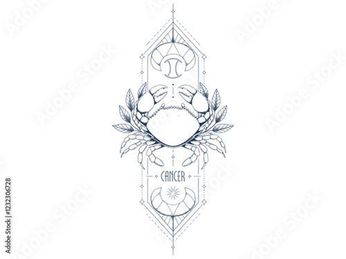 vertical alignment of Line art Cancer Zodiac Sign With celestial cosmic elements. Silhouette Sketch.