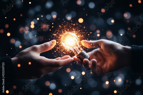 An abstract depiction of a hand offering a bright lightbulb to another hand, symbolizing persuasion through innovative ideas photo