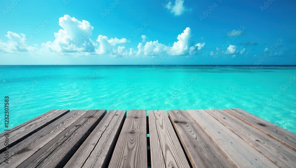 Obraz premium Rustic gray pier planks overlooking tranquil azure sea under bright summer sky , relaxing, ocean