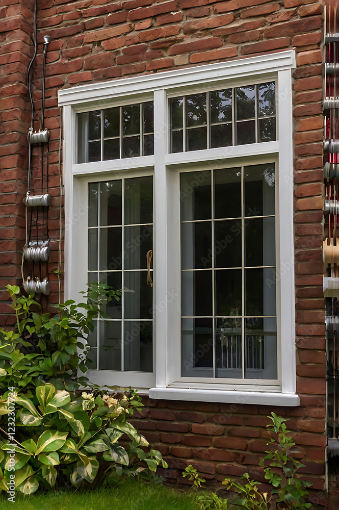 Fototapeta premium White Window on Red Brick House Exterior, Beautiful Home Architecture, Real Estate
