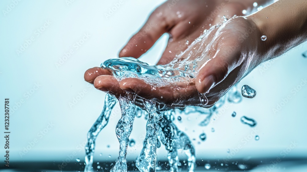 Fototapeta premium Hands cupping flowing water in a serene setting