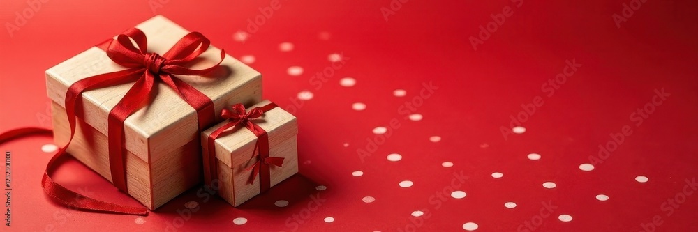 Fototapeta premium Rustic wooden gift boxes atop red polka dots background , craft, red polka dots