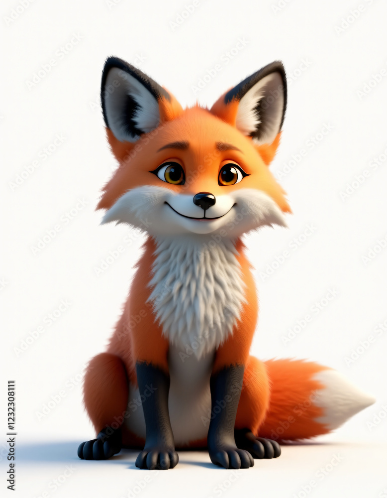Obraz premium Playful Stylized Fox with Tail, Adorable 3D Wild Mammal Illustration 