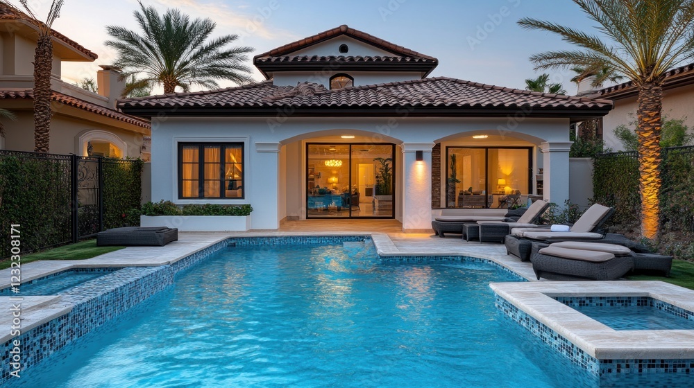 Fototapeta premium Desert villa poolside evening luxury real estate