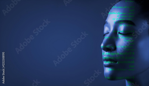 Python or computer code language on woman face. Concept of artificial intelligence (ai) and technology effects on humans jobs.