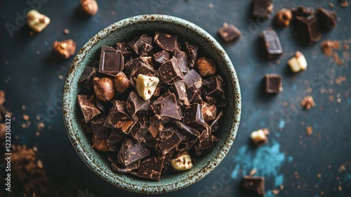 Dark chocolate and nuts in a rustic bowl