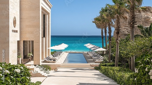 Luxury resort pool, ocean view,  tropical plants,  steps, brochure photo