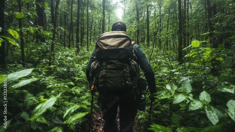 Exploring a tranquil forest path with a backpack on a sunny day Exploring a tranquil forest path with a backpack on a sunny day