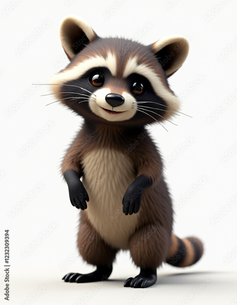 Obraz premium Cute 3D Cartoon Raccoon with Big Eyes, Friendly Forest Animal on White Background 