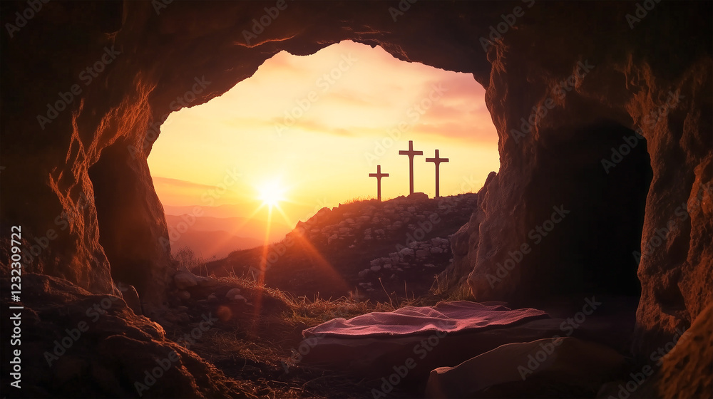 The empty tomb of Jesus Christ at sunset, three crosses in the background, Jesus resurrection, he is risen, Christian Easter holiday celebration