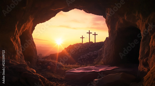 Obraz na płótnie The empty tomb of Jesus Christ at sunset, three crosses in the background, Jesus resurrection, he is risen, Christian Easter holiday celebration w salonie