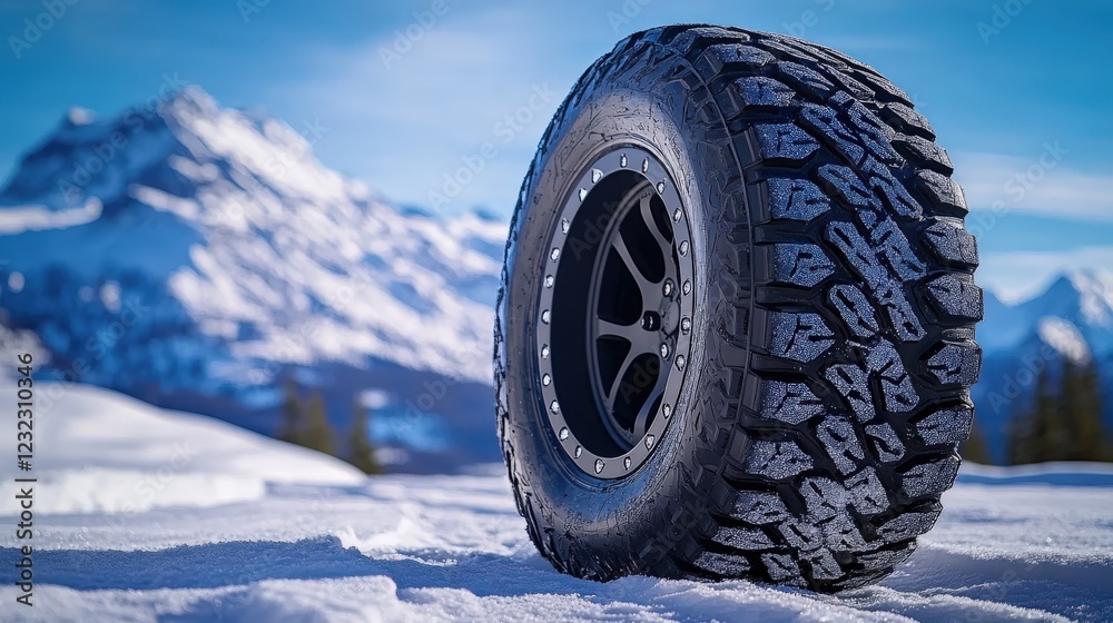 Naklejka premium Winter tire with studded treads on snowy mountain road against blue sky