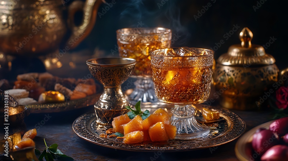 Naklejka premium Two cups of tea and fruit on table, dark setting