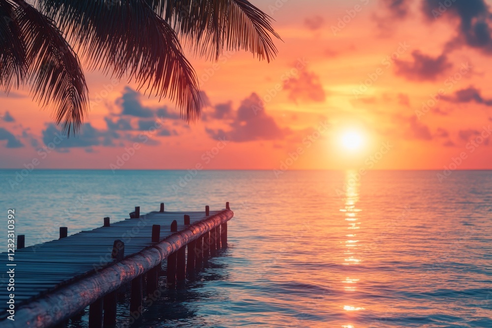 Fototapeta premium Vibrant sunset over calm ocean viewed from wooden pier in tropical location