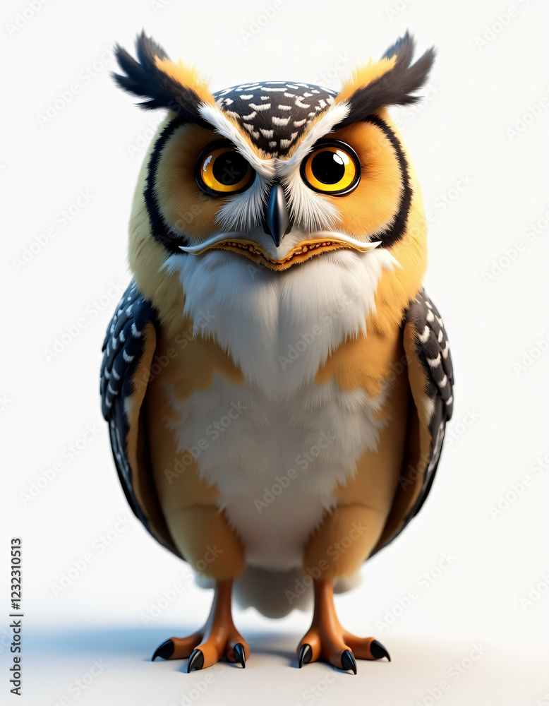 Obraz premium Happy Stylized Owl with Wings Spread, Adorable 3D Wild Animal Illustration 