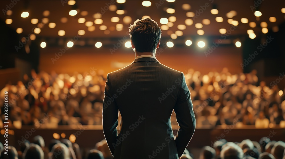A speaker's back, facing a large audience in a warmly lit auditorium, symbolizing leadership and public speaking. Ideal for presentations, conferences, and motivational content. A speaker's back, facing a large audience in a warmly lit auditorium, symbolizing leadership and public speaking. Ideal for presentations, conferences, and motivational content.