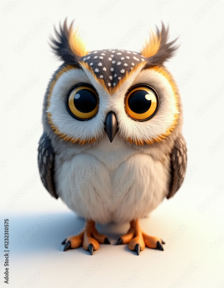 Naklejka premium Cute 3D Cartoon Owl with Big Eyes, Friendly Forest Bird on White Background 
