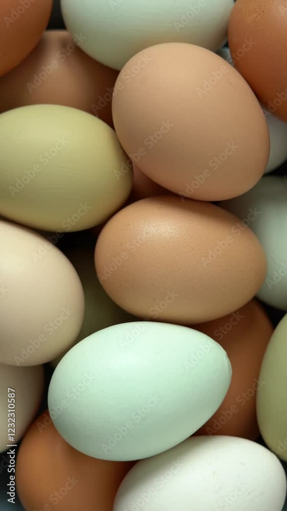 Fresh raw chicken eggs rotate in circle. Natural healthy farm food. Rustic products. Poultry. Vertical shot Fresh raw chicken eggs rotate in circle. Natural healthy farm food. Rustic products. Poultry. Vertical shot