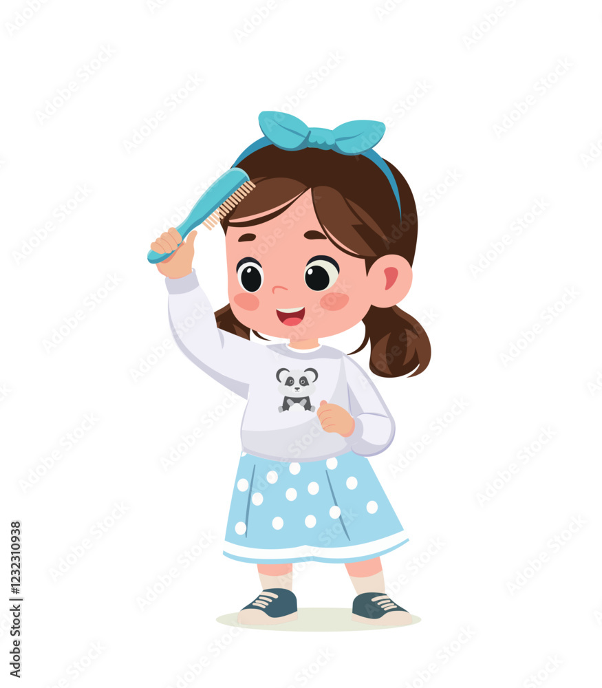 little kid girl caucasian comb hair and feel happy	