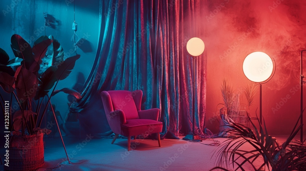 Obraz premium Vibrant lounge setup with red chair and bold lighting