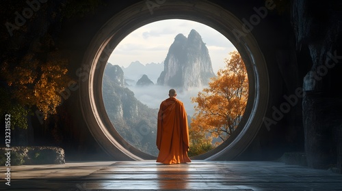 In the center of an ancient Chinese arch, there is a large circular opening with trees and mountains outside it
