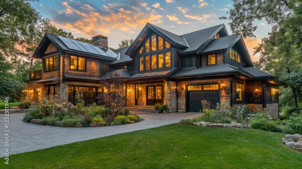 Large modern house exterior with stone accents illuminated at dusk with colorful sky Large modern house exterior with stone accents illuminated at dusk with colorful sky